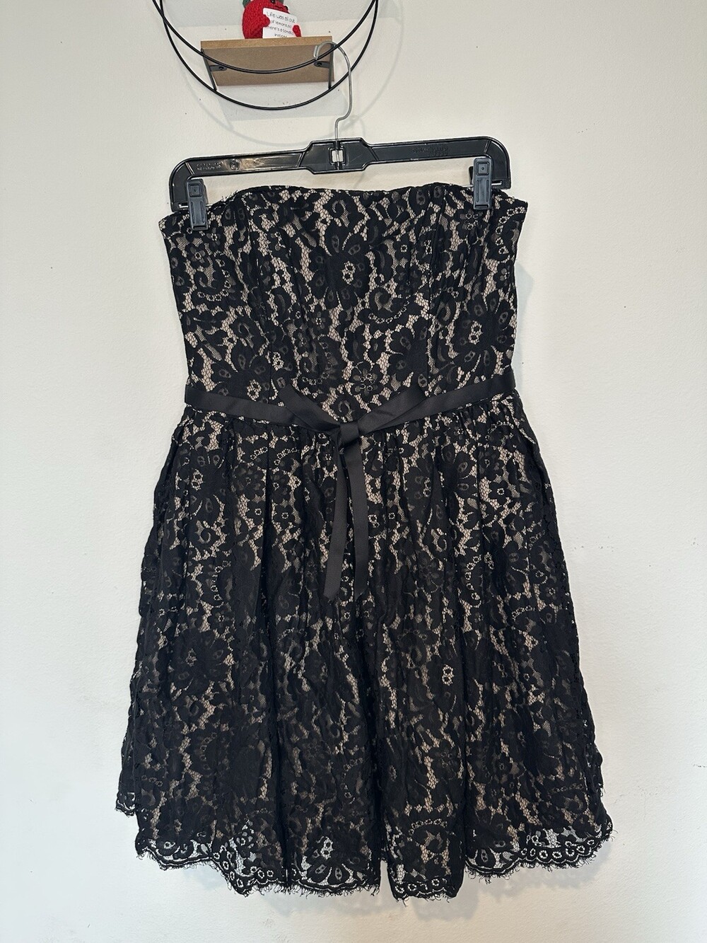 Black Lace Strapless Cocktail Dress Nude Lining Satin Ribbon Waist A-Line Size12